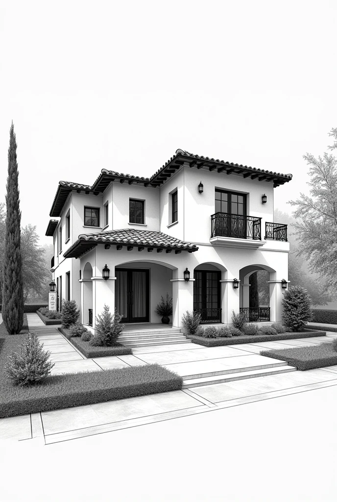 Draw a complete picture of a modern house design inspired in Spanish architecture using 2 point perspective in drafting 