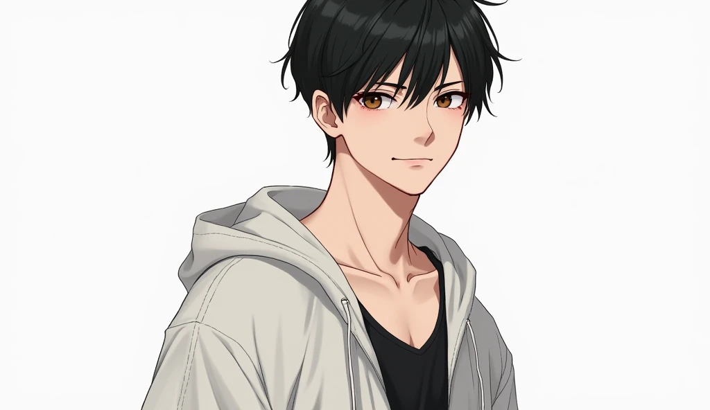 "Create a portrait of a 2 man looking straight ahead. He has fair skin, smooth black hair styled in a fade haircut, and slightly brown eyes. He is wearing a black singlet under a white hoodie, with the hoodie down (not covering his head). The image should focus on his upper body, clearly showing his facial features and outfit."