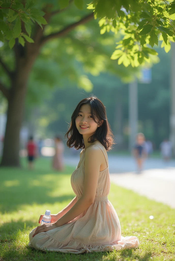 High resolution、Super detailed、「bright summer day、A 20-year-old Japanese woman with slightly wavy, straight black hair、sitting on one&#39;s knees under a large shady tree。Wearing a light summer dress、Drinking from a plastic bottle with one hand。The woman&#39;s body is facing to the right、Face facing the camera and smiling。The sunlight filtering through the trees casts light and shadow on the woman.。Children play in the surrounding parks.、leaves sway in the wind。A dynamic and peaceful scene、It captures the essence of a perfect summer afternoon.。50mm lens for SLR camera、F1.8 in、arousing、Cinematic、strong、Artistic、A fascinating shoot、The photograph captures a woman&#39;s whole body in a soft style.」
