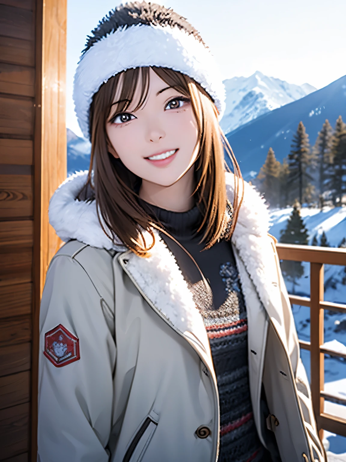 High resolution, 8k, Highest quality, detailed, Semi-realistic anime, Anime 3D Style, Smooth anime CG, One Girl, A 20-year-old Japanese woman, slim, Modeled, Shiny brown hair, detailedな顔, Beautiful and detailed, Glowing Skin, Hard Focus、Film Grain, Soft lighting, Looking at the audience, Laughter, (Winter mountain style with a warm down jacket and knitted hat), A magnificent mountain range covered in pure white snow