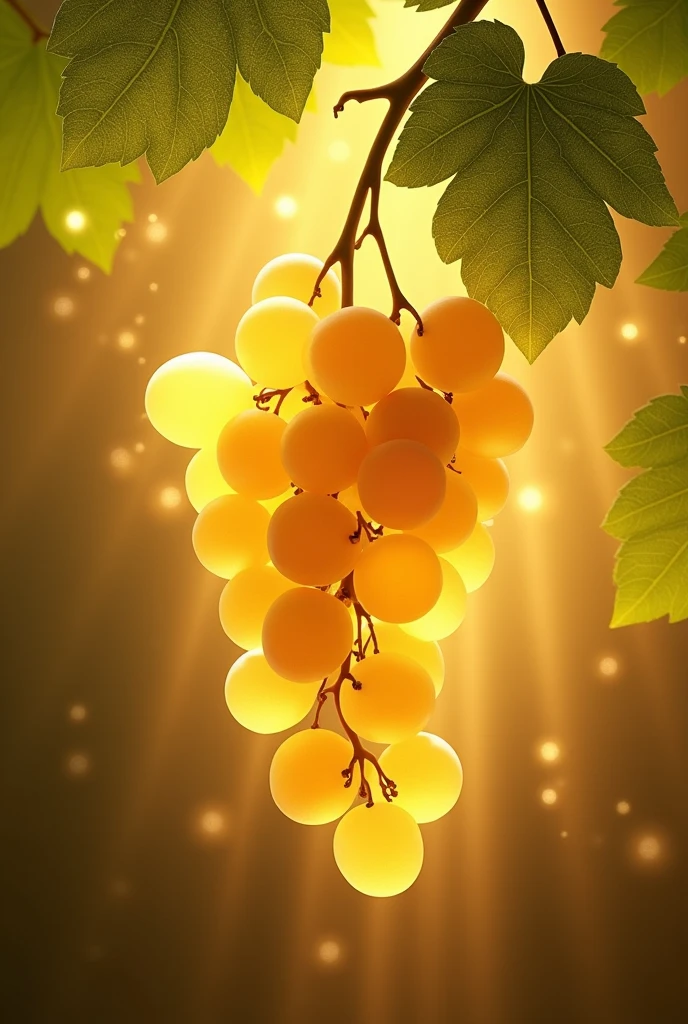 detailed, award-winning photo, UHD, 8k, realist, a bunch of grapes, mystic, divine, stem down. golden background, golden background light, branches into green leaves, golden aura, celestial. floating, grapes own light, bay leaves.