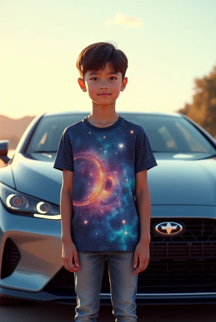 Create an image of a young boy standing confidently in front of a sleek, modern car. He is wearing a vibrant, eye-catching t-shirt with a divine or celestial design, featuring stars, planets, or other cosmic elements. The setting is outdoors, with a clear sky and soft, natural lighting that highlights both the boy's expression of pride and the car's polished exterior."