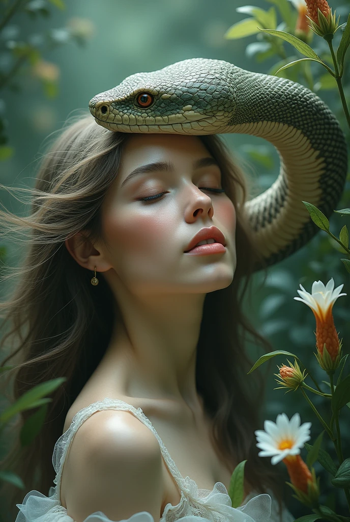 Snake kissing to women forehead on temple