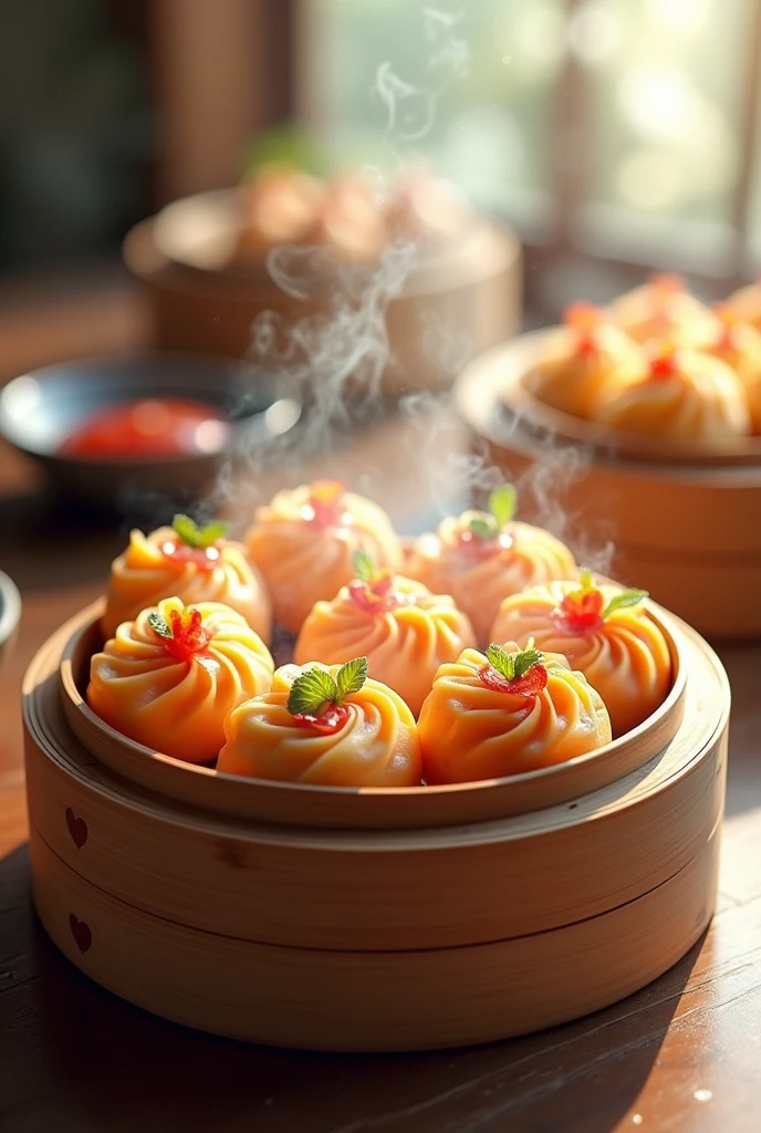 photorealistic logo, detailed food illustration, steaming hot dim sum, fresh ingredients, natural lighting, warm tones, elegant serif font, round circular frame, clean minimalist design, high contrast, depth of field, soft shadows, glossy textures, appetizing presentation, mouthwatering details, culinary masterpiece, delectable display, premium quality, artisanal craftsmanship, exquisite craftsmanship, masterful composition, visually striking, impactful branding