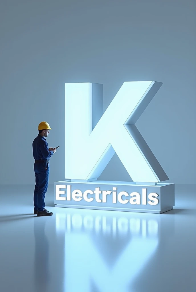 A huge glowing 3D logo of 'KRS Electricals' kept on white floor and an Engineer Standing alongside with logo