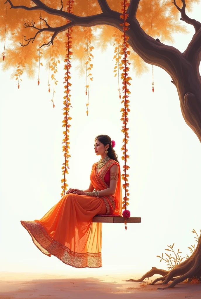 One teej bride women ready swinging hanging in a tree with white background, decorative swing