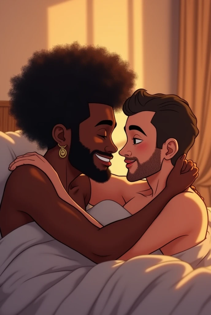 Animation of a homosexual and interracial couple. Represent a black man of 1,87 cm tall and 77 kg, with dark skin and curly hair/long afro, medium ear hoop, Mustache and goatee, without a full beard. the white man with short straight hair, height 1,73 cm and weight 71 kg, beard and goatee, without a full beard and without earrings. Both lying in bed, Between