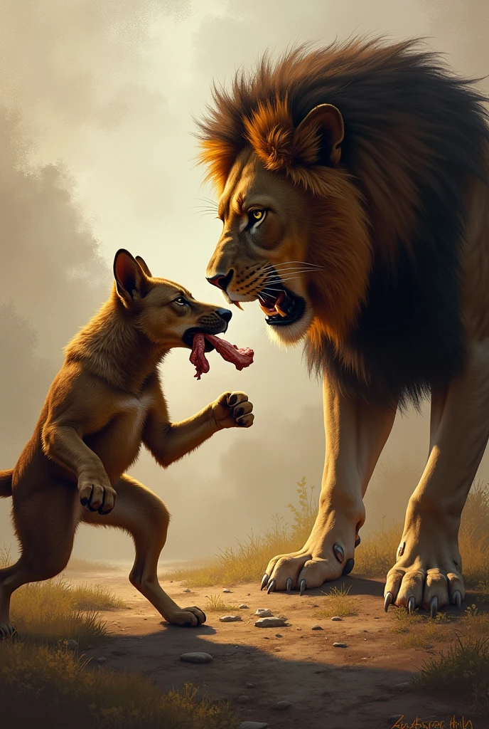 A piece of meat in the dog's mouth and a lion with it