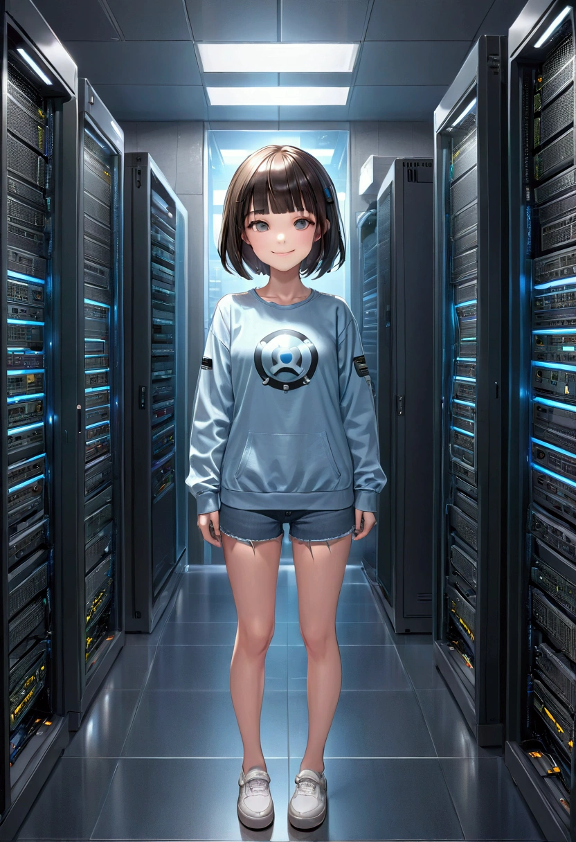 (whole body:1) A young girl, Smart casual, Hacker's server room, Delicate face, ((very cool expression)), (Straight short thin bangs:1.2), Ultra-detailed photos, (Reality), (Intricate details:1),(masterpiece :1), (best quality:1), Ultra-high resolution, (Delicate eyes), (Detailed facial features), HDR, 8K resolution, (lens flare:0.5), Light from afar, (Smile, joy)