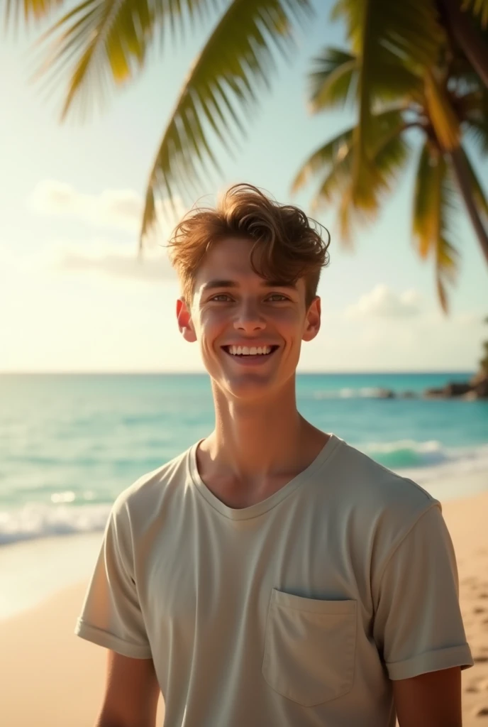 1 male youth , Java, medium body, wearing a t-shirt, smile, half body visible, with Bali beach background, original