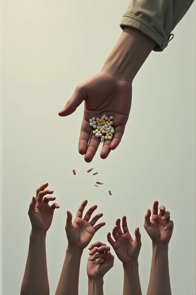 A hand with pills while below there are some hands that want to grab the pills and that their title says live without addictions