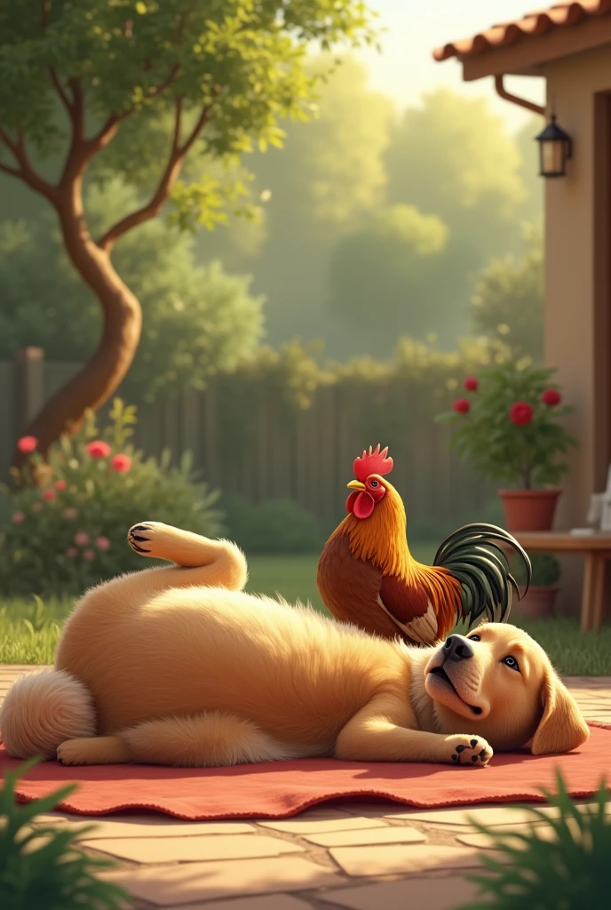 A female GOLDEN RETRIEVER dog, honey colored fur, lying in a residential garden, a small brown rooster of the garnizé breed, um cachorro da raça LULU DA POMERÂNIA adulto honey colored fur de barriga para cima