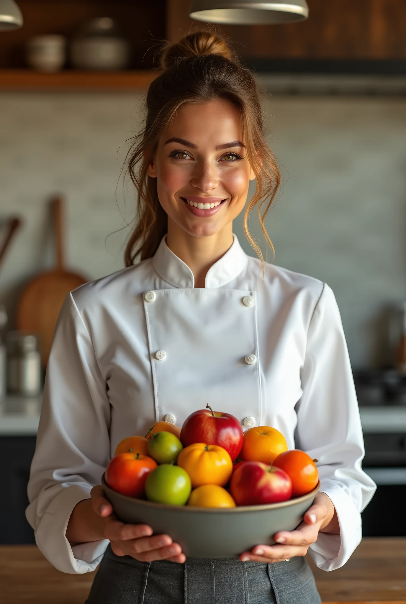A beautiful woman in chef's clothes holding a bowl of fruit in the kitchen