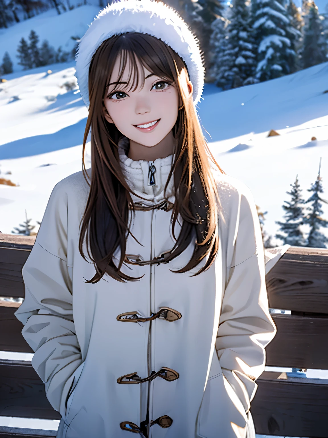 High resolution, 8k, Highest quality, detailed, Semi-realistic anime, Anime 3D Style, Smooth anime CG, One Girl, A 20-year-old Japanese woman, slim, Modeled, Shiny brown hair, detailedな顔, Beautiful and detailed, Glowing Skin, Hard Focus、Film Grain, Soft lighting, Looking at the audience, Laughter, (Winter mountain style with a warm down jacket and knitted hat), A magnificent mountain range covered in pure white snow