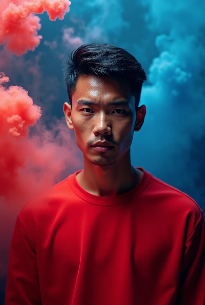 A Indonesian guyin a red sweatshirt and black short hair, handsome, red and blue smoke background