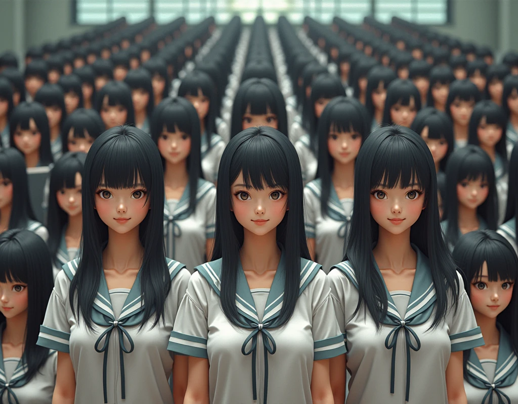 (Japanese Clone-girls=Myself), (Super Best masterpiece Clone-girls Raw Photography Art), (16K, Highest quality, Ultra-high resolution, RAW Photos), (It&#39;s so unrealistic., With unparalleled depiction, With an unfathomable sight, An unprecedented and shocking worldview, Clone-girls: In a world of mass reproduction, Ultra-realistic), (Japanese Girls, 16yo, Small face, Thick black hair, long hair, Dark Eyes, Mature face, Cute Smile, Smiling face, A gentle gaze, Very pleasant look), (Very beautiful detailed girls, Accurate body structure, Accurate body movements, Very detailed body, (Super big breasts, Large bulge of ample breasts)), ((Schoolgirl uniform, Short sleeve, mini skirt, Emphasise the fullness of your breasts)), (Very detailed, Myself cloning, Depiction of splitting oneself, 1Myself girl→1,000,000,000,000,000,000,000,000,000,000Myself cloning girls), (Myself clone girlsは, With the same perfect appearance without any difference, to multiply in large numbers), (Very detailed depiction, Myself&#39;s multiplying female body, In the same female body,With the same face, With the same hairstyle, In the same clothes, At the same height, 同じSuper big breastsで, The same female body that is completely indistinguishable, 1,000,000,000,000,000,000,000,000,000,000 people), (Myself girls only), (Academy, academic level, Commemorative photo depiction, Tiered stage photography, Happy smile, Front view)