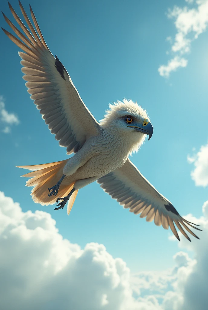 Bird with the head of a Caucasian man flying through the sky   