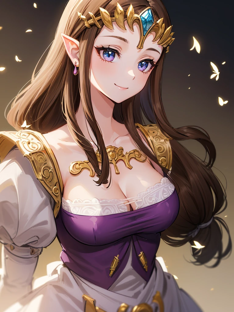 (((Face close-up))),((((Her hair is fluttering))))),(Expressionless),(((((()))))),((((Upper Body)))),((alone)),((side angle))),Anime art style,masterpiece,(Highest quality), (Super detailed),(Very delicate and beautiful),(alone),(detailedな顔と目),Beautiful eyes like jewels,(A truly gorgeous jeweled ruffled rococo ball gown dress),(((Mature Woman,Queen))),((1 Queen in a beautiful embroidery and jeweled absolutely gorgeous rococo ballgown dress with voluminous full length hoop skirt)),((crinoline)),,((Straight hair galore,Very long straight hair with plenty of volume,Super long straight hair)),,Cleavage,(bed),length_gloves,Very gorgeous hair accessories、((((front)))),((((Adult Expressions)))),((((Beautiful Face)))),((((dress)))),((Overhead Shot)),(((Long Hair)))),((((Straight hair)))),((Cleavage)),((((Dark brown hair)))),Princess Zelda,((chest is slightly exposed)), ((Highest quality)),,(Very detailed) ,((Purple Blouse)),((())),Brown Hair,(()),, ((Highest quality)), (Very detailed),((detailed)),(((smile))),Nintendo, The Legend of Zelda),,((alone)), ((Highest quality)), (Very detailed), ,