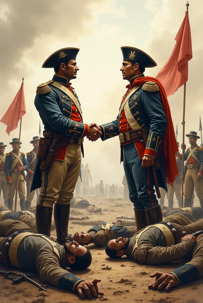 Drawing of Bolivar and Santander shaking hands with dead Spaniards around