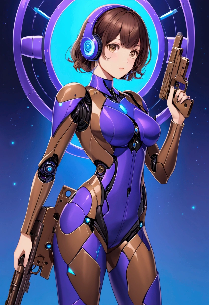 using earphone piercing gaze,hourglass body, wearing robot suit short brown hair light brown eyes with a gun in hand,with purple and blue theme