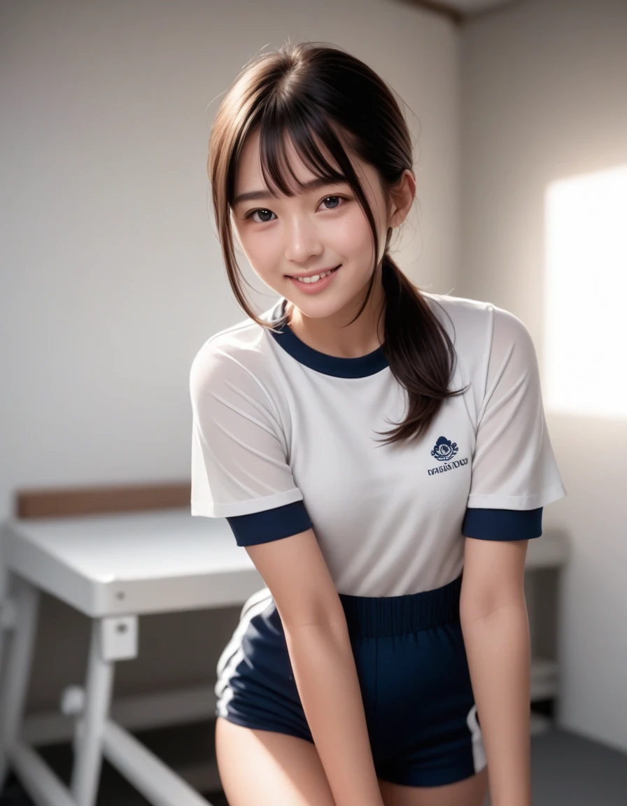 score_9, score_8_up, score_7_up,(Best quality:1.0),(masterpiece:1.0),photorealism, realistic, photorealistic, 1girl, solo, cute face,looking at viewer, (black hair:1.1), (black eyes), low ponytail, (small breasts:1.1), beautiful Detailed (well-shaped) breasts,slender, loght smile,(japanese:1.2), gym storeroom,short sleeves, blue shorts, gym uniform, 15yo,,(Detailed Lighting), (Detailed background),BREAK ,,super detailed skin,shiny skin,very high resolution, very aesthetic, Best sexual lighting powered by famous artist, 8k, 16k, cute photo,beauty illustration,photoshop_(medium),,best photo 8k konachan wallpaper, pixiv contest winner,uncensored,