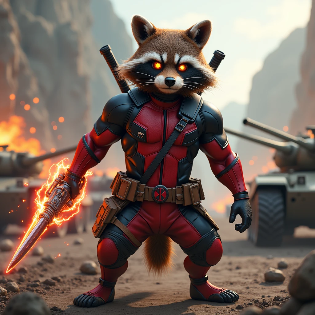 a strong raccoon with flaming eyes wearing a deadpool uniform in a war zone with tanks in the background holding a powerful weapon exuding a victorious aura