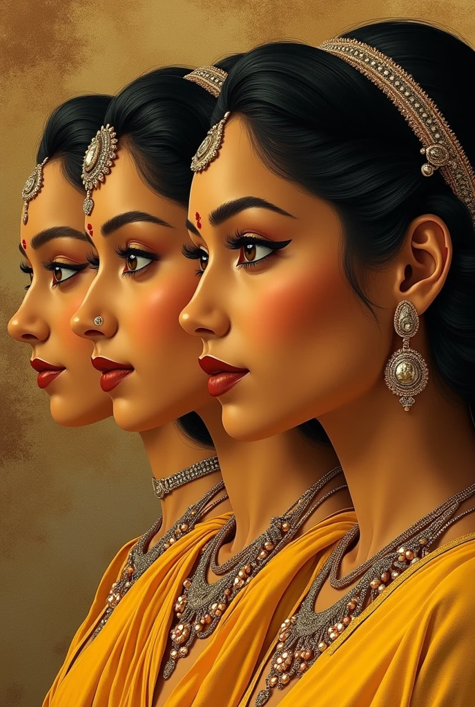 Sigiriya wall art beautiful women in real life, gold mixed yellow skin asian Sri Lanka long nose close side view