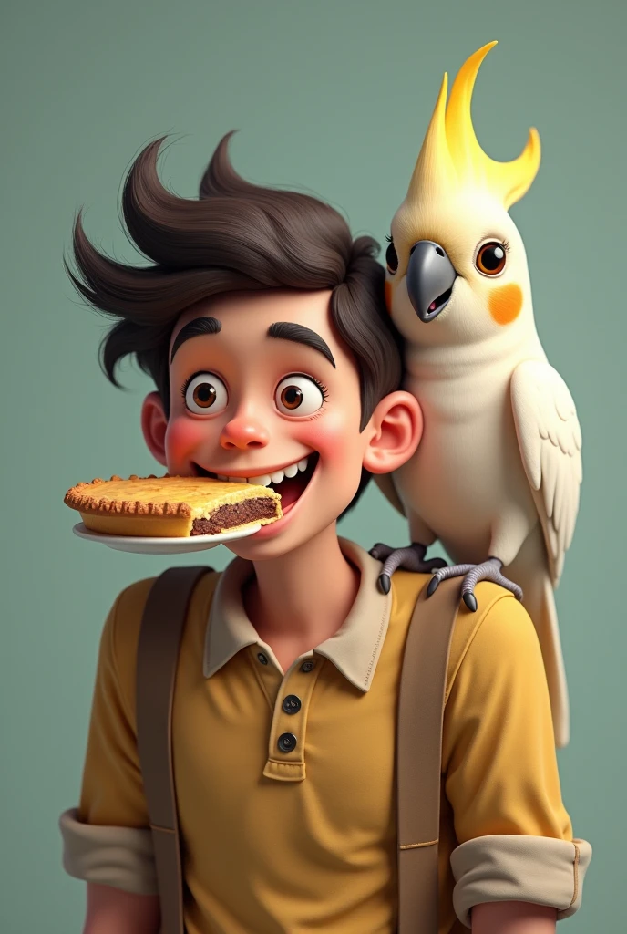 A licking pie in his mouth and a cockatiel is sitting on his shoulder
