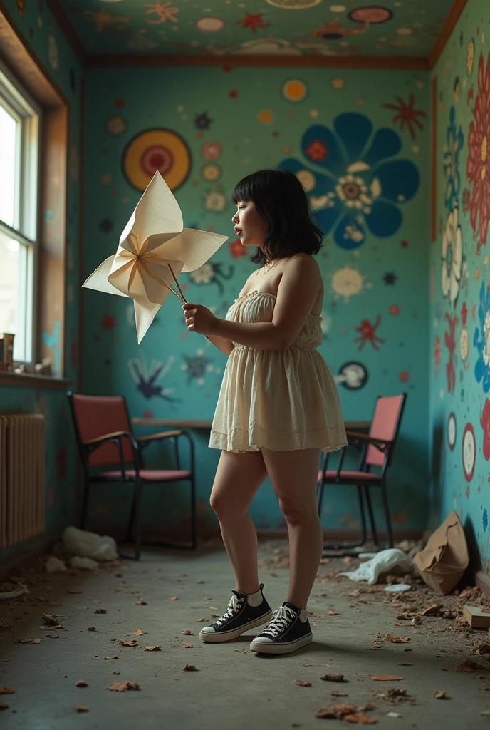 Extreme below angle with dynamic wide photo shot in messy room with murals abstract paint art, motion blur, High quality, there was a sweet kpop idol woman with a moody expression, she blew the paper windmill, real moment, in strapless dress, sneakers, open legs, chubby, bangs hairstyle, , natural dark lighting, windy, perfect shadow, poetic style photography, intricate pose, ultra realistic object, ultra highly detailed, realistic face and eyes, real skin, sharp focus, shot by nikon z6, kodacrhome looks, original photo