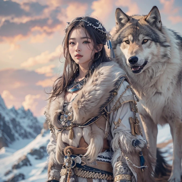 Hiding in the snowy mountains、Hair Flow、 ((Highest quality、masterpiece、8k、Best image quality、Ultra-high resolution、Award-winning works)、(Accurate anatomy:1.1)、(Look at me and smile:1.1)、Shining fair skin with Ultra-high resolution、The most detailed face、Ultra-high resolution detailed face、Ultra-high resolutionの髪の毛、(Ultra-high resolutionの煌めく瞳:1.1)、Beautiful face drawn in every detail、(Blurred Background:1.1)、Ancient Inuit clothing, Chest to chest, tattoo, Old ruins in the background、Nearby wolves