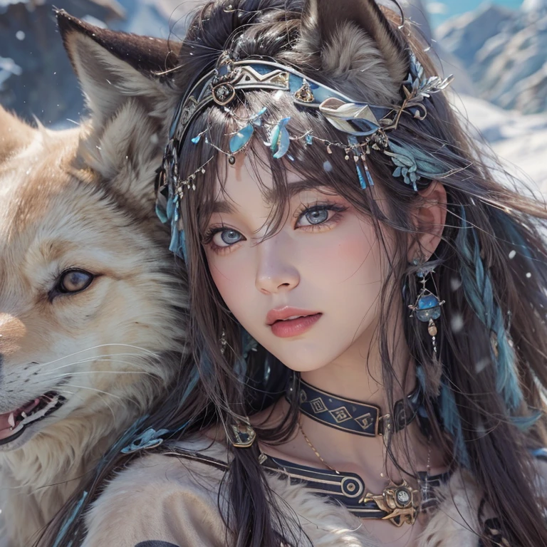 Hiding in the snowy mountains、Hair Flow、 ((Highest quality、masterpiece、8k、Best image quality、Ultra-high resolution、Award-winning works)、(Accurate anatomy:1.1)、(Look at me and smile:1.1)、Shining fair skin with Ultra-high resolution、The most detailed face、Ultra-high resolution detailed face、Ultra-high resolutionの髪の毛、(Ultra-high resolutionの煌めく瞳:1.1)、Beautiful face drawn in every detail、(Blurred Background:1.1)、Ancient Inuit clothing, Chest to chest, tattoo, Old ruins in the background、Nearby wolves