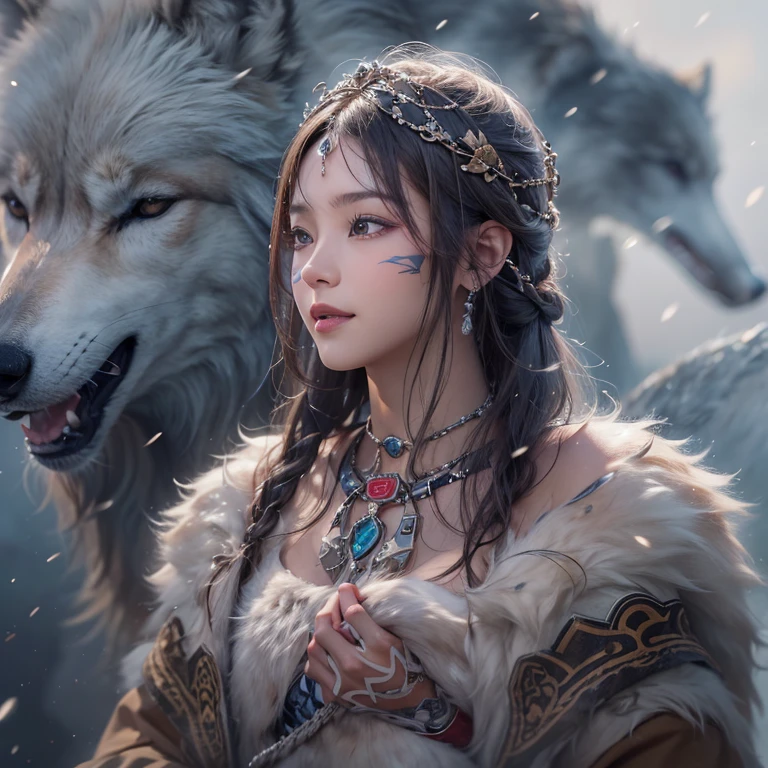 Hiding in the snowy mountains、Hair Flow、 ((Highest quality、masterpiece、8k、Best image quality、Ultra-high resolution、Award-winning works)、(Accurate anatomy:1.1)、(Look at me and smile:1.1)、Shining fair skin with Ultra-high resolution、The most detailed face、Ultra-high resolution detailed face、Ultra-high resolutionの髪の毛、(Ultra-high resolutionの煌めく瞳:1.1)、Beautiful face drawn in every detail、(Blurred Background:1.1)、Ancient Inuit clothing, Chest to chest, tattoo, Old ruins in the background、Nearby wolves