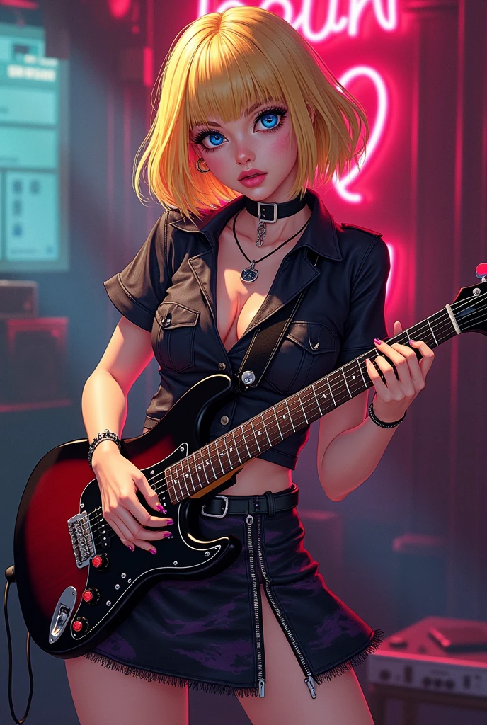 High quality picture, masterpiece, 8k, blond bobbed hair, short punk long shirt, wearing a skirt with punk design,, looking frontal and provocative, big blue eyes, colourful make-up, sophisticated description, holding guitar,, rock-style room