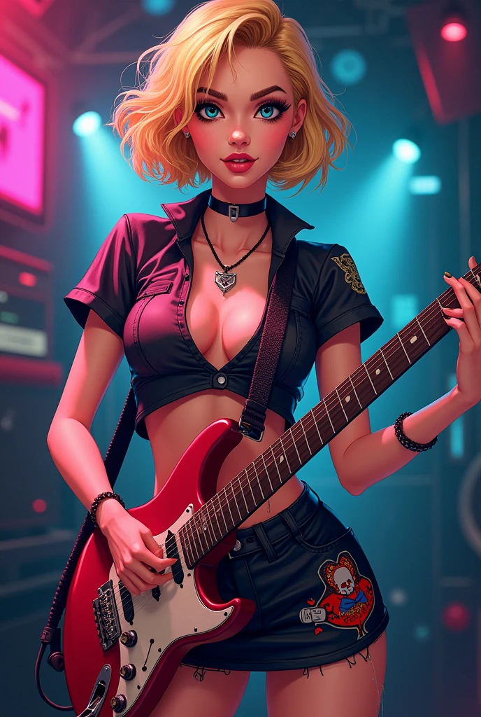 High quality picture, masterpiece, 8k, blond bobbed hair, short punk long shirt, wearing a skirt with punk design,, looking frontal and provocative, big blue eyes, colourful make-up, sophisticated description, holding guitar,, rock-style room