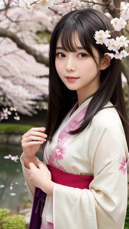Drawing a beautiful AI girl in a beautiful Japanese kimono。She has medium hair、Sexy and mature with a charming vibe、Have golden ratio facial features。Her medium length black hair flows naturally in the wind.。The background is a garden with cherry blossoms falling.、A quiet pond stretches out behind her。With an elegant and calm atmosphere、A soft light envelopes her。