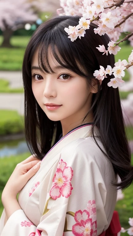 Drawing a beautiful AI girl in a beautiful Japanese kimono。She has medium hair、Sexy and mature with a charming vibe、Have golden ratio facial features。Her medium length black hair flows naturally in the wind.。The background is a garden with cherry blossoms falling.、A quiet pond stretches out behind her。With an elegant and calm atmosphere、A soft light envelopes her。