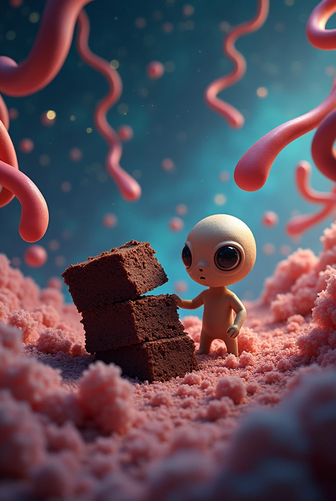 Images with a brownie and an extraterrestrial together in space with many tongues in the background