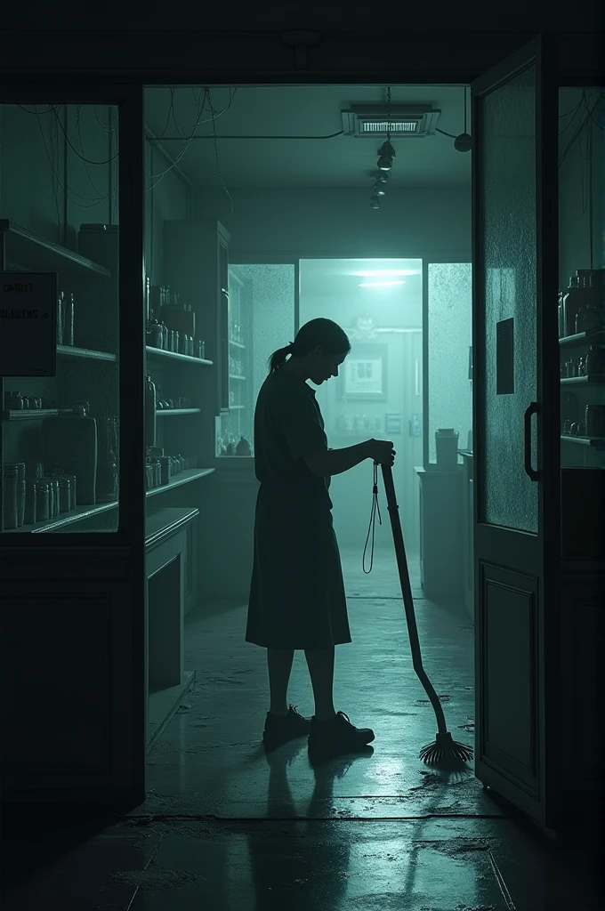 A shop inside is desolate, with an employee cleaning inside, the surrounding atmosphere is creepy.