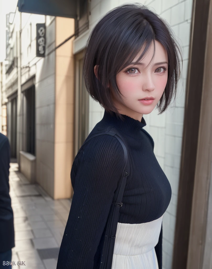 (masterpiece: 1.3), (8K, Photorealista, Photo Raw, top-quality: 1.4), full bodyesbian, Walking the streets of Tokyo, (1girl in), gorgeous faces, (lifelike face), (A dark-haired, short-haired: 1.3), Gorgeous hairstyle, realisticeyes, beautiful finely detailed eyes, (Pere Lealis...