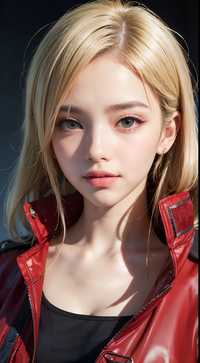 (uhd, retina, masterpiece, accurate, anatomically correct, textured skin, super detail, high details, high quality, best quality, high resolution, 1080P, HD, 4K, 8k, 16,000), (beautiful and delicate eyes, beautiful and delicate lips, Highly detailed eyes and face), studio lighting, Physically Based Rendering, vivid colors, (big bust, glamorous body), (red military jacket:1.5), (Black Tank Top, jean), (portrait, blonde hair, shiny hair, glowing skin, blush), (bokeh), eye reflection,