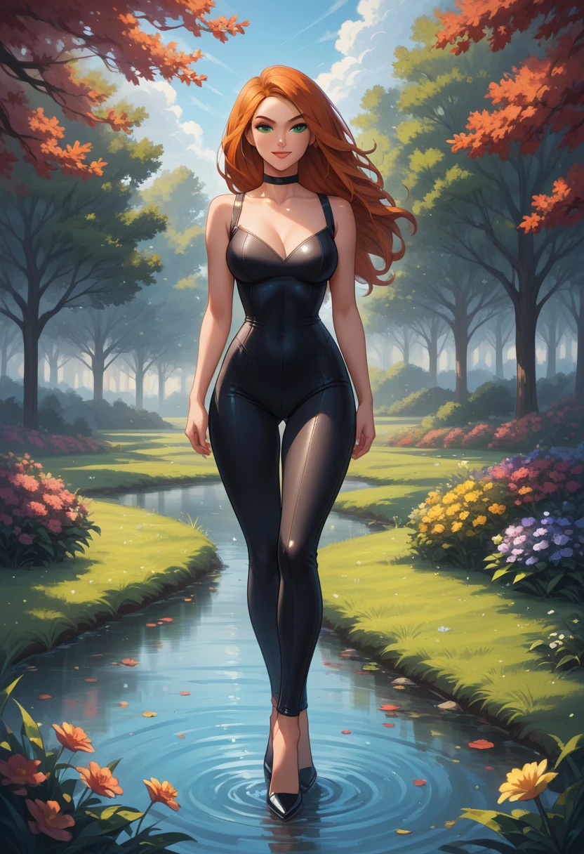 score_9, score_8_up, score_7_up, score_6_up, rating_safe, source_cartoon, BREAK beautiful Kim Possible (orange-red hair:1.1), sexy smirk, BREAK sleeveless catsuit, high heels, choker, BREAK walking in park, daytime, sunny, beautiful trees and flowers, pond, BREAK shallow depth of field, BREAK highly detailed, bokeh, moody, epic, gorgeous, grainy, BREAK (ultra-detailed), (best illustration), (best shadow), (absurdres), (detailed background), (very aesthetic).