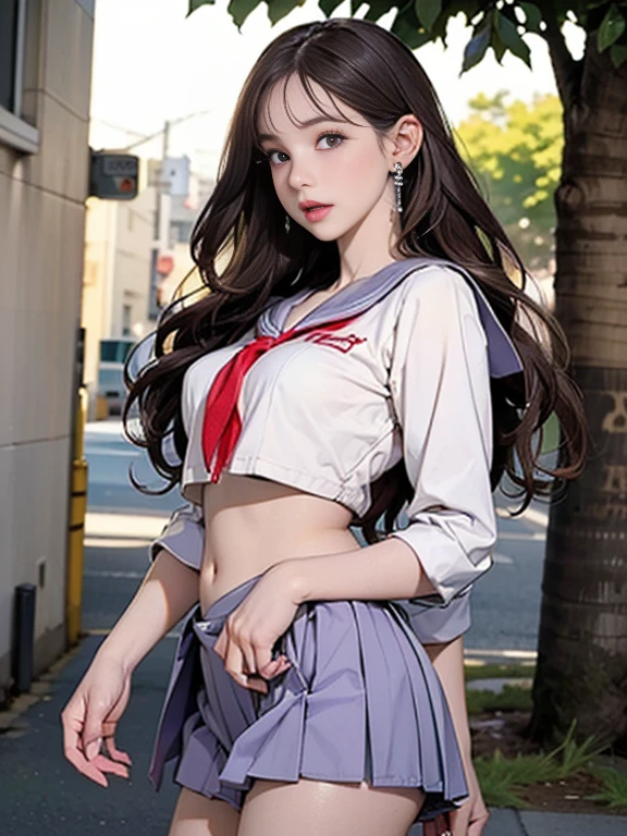 ((((Highest quality))))、(((Ultra-precision CG16K wallpaper)))、(((masterpiece)))、(((Super detailed)))、(((Extreme detail)))、((1Mature 2 woman:1.6))、((Very beautiful Japan face of a person))、((Urizane Face:1.8))、((medium soft wavy hair))、(Shiny Hair)、A delicately drawn beautiful face、(Dark Eyes、Reflected light from the eye)、double eyelid、High nose、Small nostrils、Small Mouth、Seductive lips、Beautiful breasts、((C cup size breasts))、Cleavage、A small vertical belly button、Delicate nails、Beautiful feet、Thin thighs、eight-headed body、Perfect proportions、Perfect Anatomy、Perfect composition、Beautiful detailed shading、Beautiful, natural lighting、Beautiful detail glow、Depth of written boundary、(((High chroma)))、(((Real:1.9)))、((vivid:1.5))、((Beautiful Skin))、((Skin Texture))、((Realistic skin feel))、(((Cowboy Shot:1.6)))、(((front view、shoot from front、front low angle:1.6)))、(((Half-open mouth、Surprised face:1.5)))、(((looking at camera:1.6)))、Bright daylight、Natural light、(((background_Uninhabited downtown、street tree:1.5)))、(Standing pose:1.6)、(((High school girl sailor suit&Light purple low rise pleated mini skirt:1.6)))、((necklace、Wearing earrings:1.5))、((Lace Stockings Clothed))、
