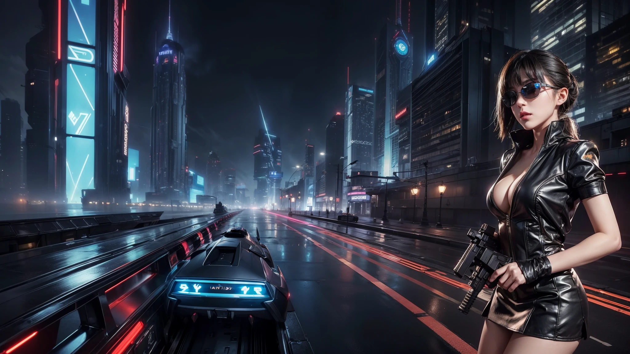 (Wide angle view). Blade Runner style futuristic city, simple outlined transparent neon tall buildings, glowing giant clock tower, flying cars, helicopter, lightning, 3D rendering Beeple. At night, (1girl, solo, alone), photorealistic, medium-breast slim:0.6 body, oval:0.6 face, cleavage:1.1, sexy black laced bra, glove, deep-V, (very low angle view of miniskirt), white laced panty, coat, (Matrix style black micro sunglasses), ((aiming viewer with a short gun)), (running pose), (half-body thigh level close-up shot), cinematic lighting, ray tracing.