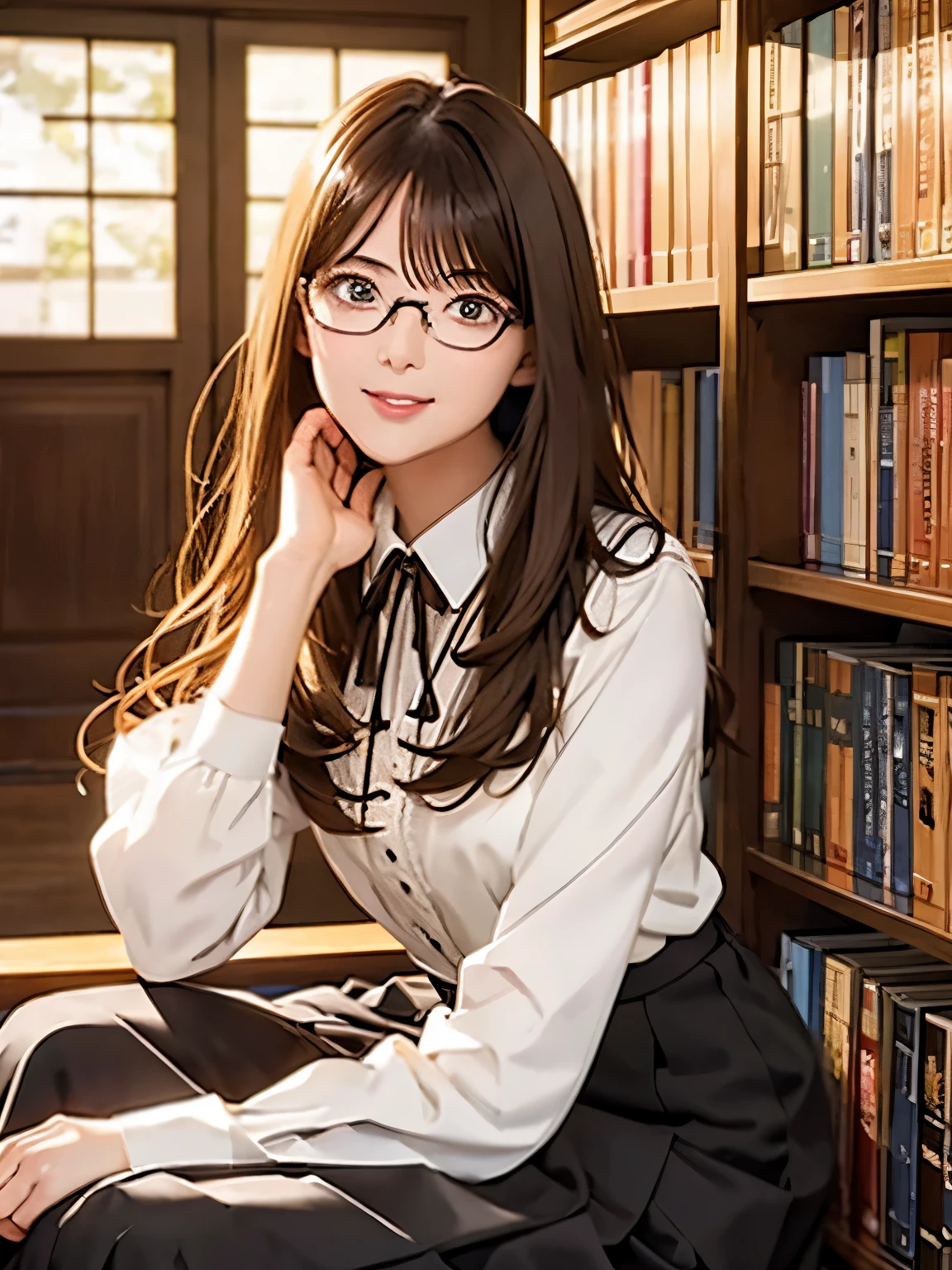 High resolution, 8k, Highest quality, detailed, Semi-realistic anime, Anime 3D Style, Smooth anime CG, One Girl, A 20-year-old Japanese woman, slim, Modeled, Shiny brown hair, detailedな顔, Beautiful and detailed, Glowing Skin, Hard Focus、Film Grain, Soft lighting, smile, (A long skirt and blouse that gives an intellectual impression、Glasses are the key), The interior of an old library with heavy wooden bookcases