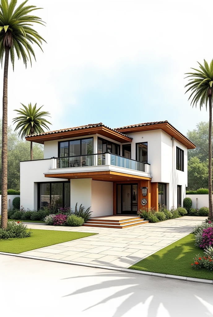 Draw a complete picture of a modern house design inspired in a little bit of Spanish architecture using 2 point perspective in drafting
