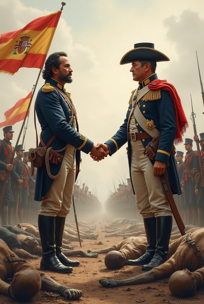 Drawing of Bolivar and Santander shaking hands with dead Spaniards around