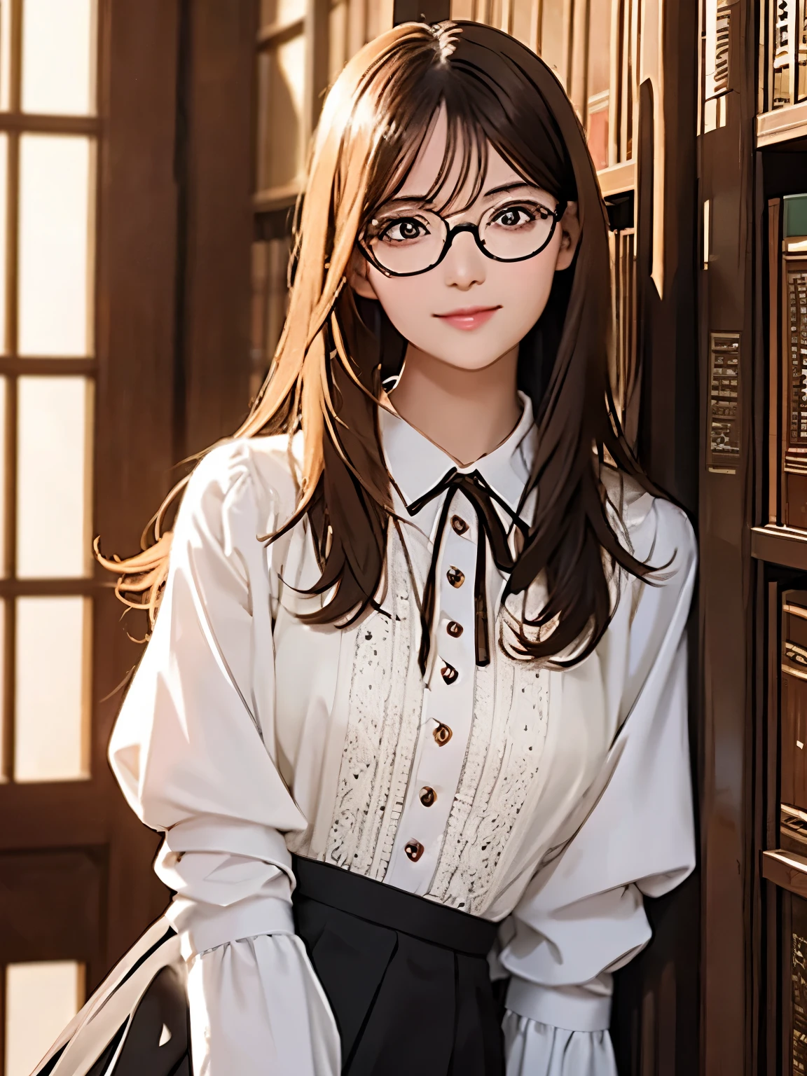 High resolution, 8k, Highest quality, detailed, Semi-realistic anime, Anime 3D Style, Smooth anime CG, One Girl, A 20-year-old Japanese woman, slim, Modeled, Shiny brown hair, detailedな顔, Beautiful and detailed, Glowing Skin, Hard Focus、Film Grain, Soft lighting, smile, (A long skirt and blouse that gives an intellectual impression、Glasses are the key), The interior of an old library with heavy wooden bookcases