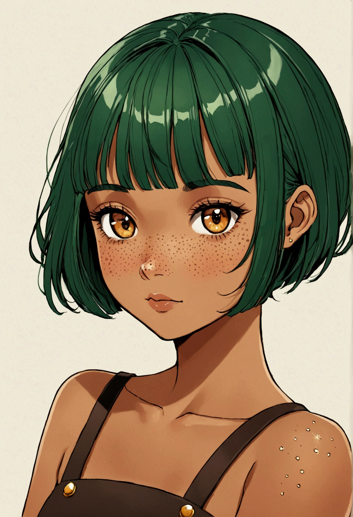 Tan skin girl amber eyes dark green hair bowl cut freckles