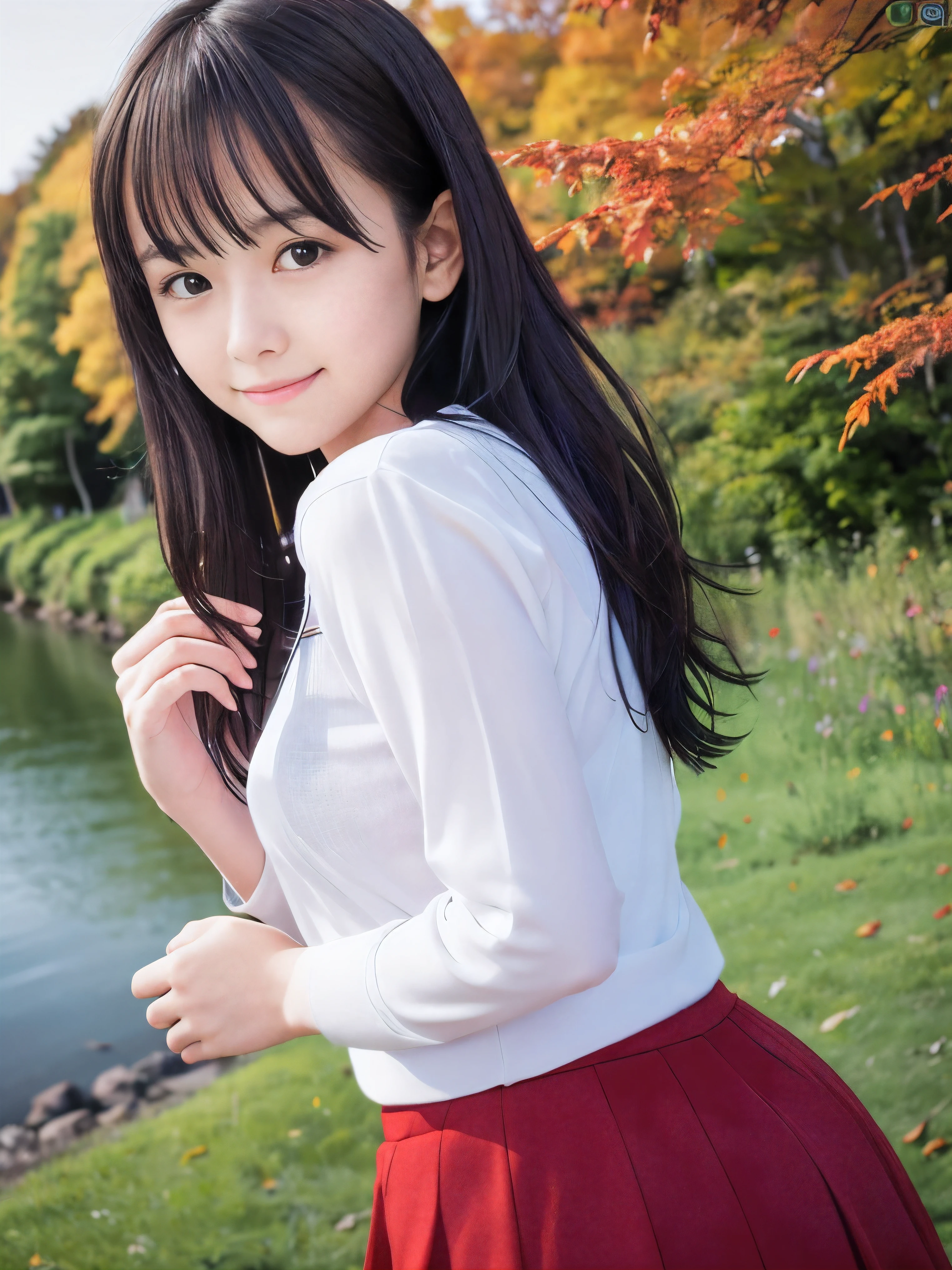 (Close up face shot of one slender small breasts half up brown long hair with bangs girl in a long sleeves shirt and sweater and skirt:1.5)、(One girl is looking back with sad smile on the dart road near the river and big waterfall in Japan:1.5)、(Beautiful sunset time with autumn red leaves and mountain:1.5)、(Natural light:1.5)、(8k ultra detailed master piece:1.5)、(perfect anatomy:1.5)、(Photorealistic stick:1.5)、(Raw photo:1.3)、(highest quality:1.5)、(High resolution:1.3)、(Delicate and beautiful perfect face:1.3)、(Delicate and beautiful eye air skin:1.3)、(Real Human Skin:1.3)、((thin legs))