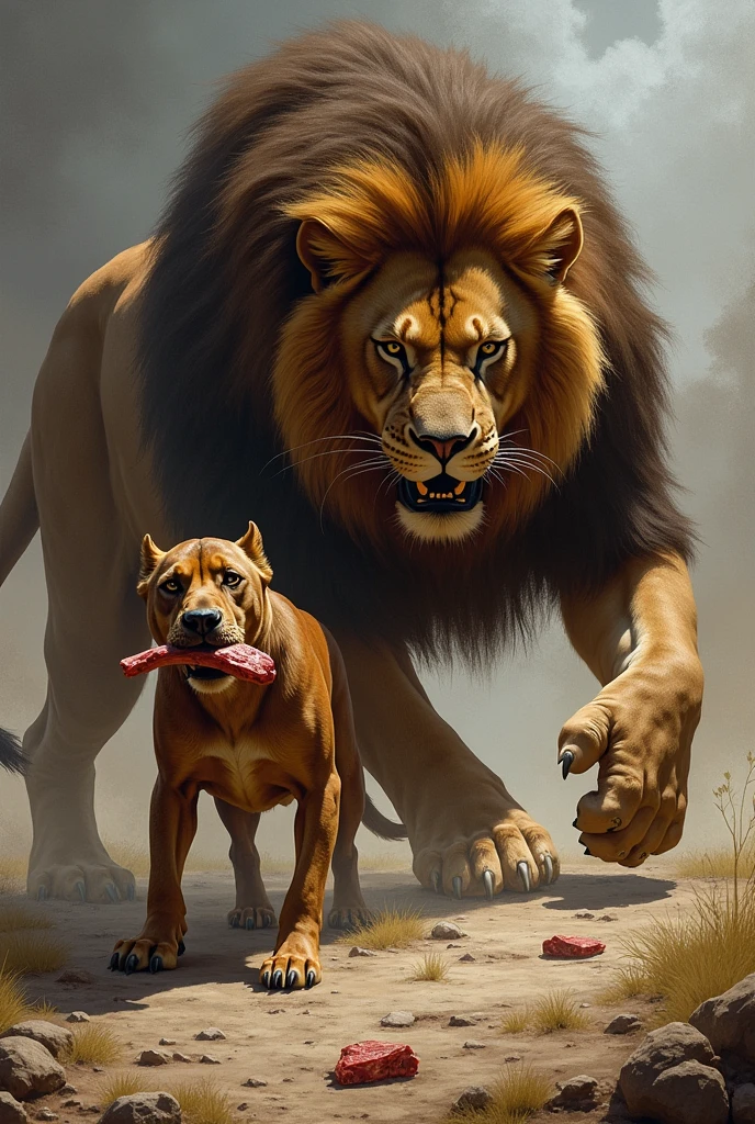 A piece of meat in the dog's mouth and a lion with it